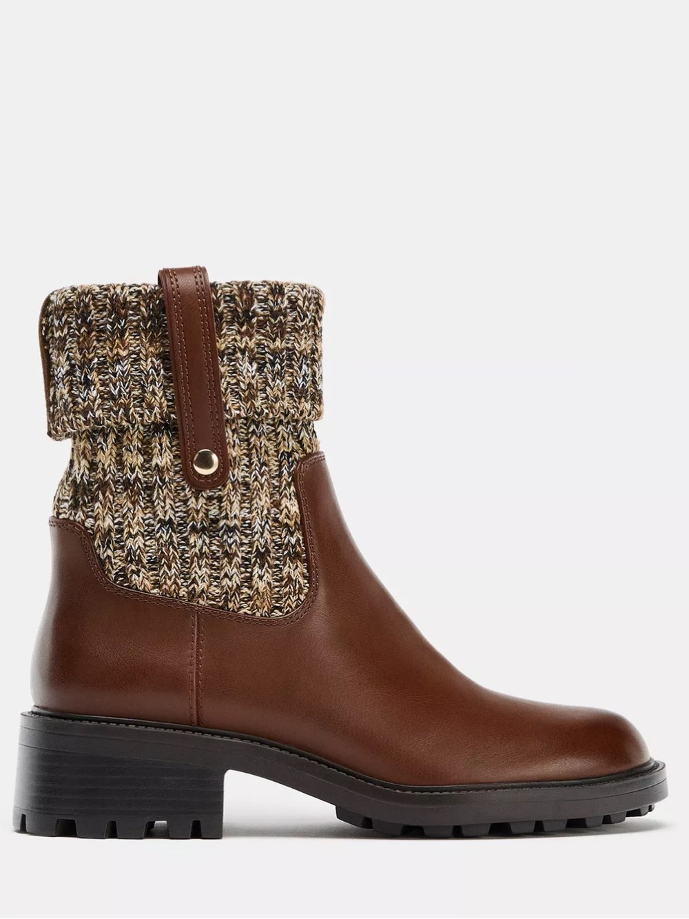 Zara Brown Leather Ankle Boots with Knit Cuff